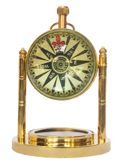 Meenakshi Handicraft Emporium metal Brass Compass Clock with Globe Look 3 in 1 Desk Clock for Home and Table Decor (Golden, 2-inch )