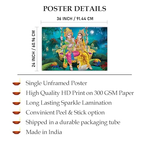 Indianara Rolled Sparkled Lord Radha Krishna Art Print for Room Décor Digital Reprint 36 inch x 24 inch Painting (10643PST)