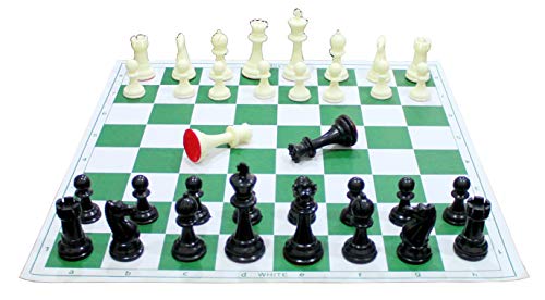 StonKraft 17'' x 17'' Tournament Chess Vinyl Foldable Chess Game With Solid Plastic Pieces (With TWO EXTRA QUEENS + Vinly Pouch) - For Professional Chess Players - Green