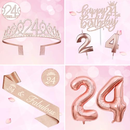 24th Birthday Decorations for Women Including 24th Birthday Sash, Tiara/Crown, Numeral 24 Candles and Cake Topper, Rose Gold Numeral 24 Balloons, 24th Birthday Gifts for Women