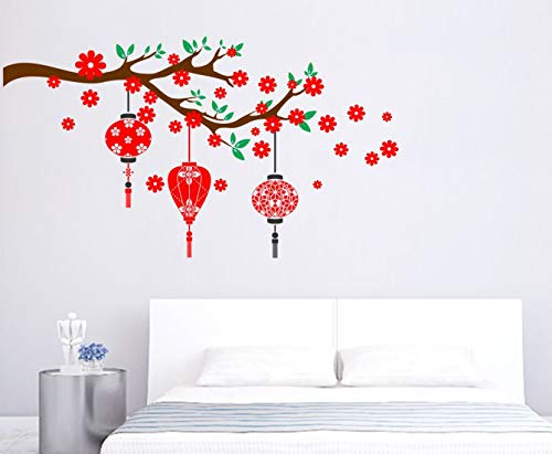 Combo of 2 Wall Stickers- Red Flower with Lantern & Nature Peacock Self Adhesive VinylWaterproof Decorative Wall Decals for Hall, Bedroom & Kitchen