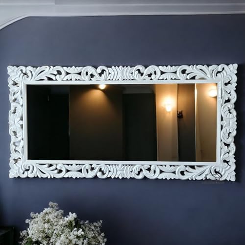 AESTHETIC DECOR Wooden(4x2.5) ft Carved Wall Mirror Frame Solid Mango Wood, | with Out Mirror | Crown Pattern White Deco