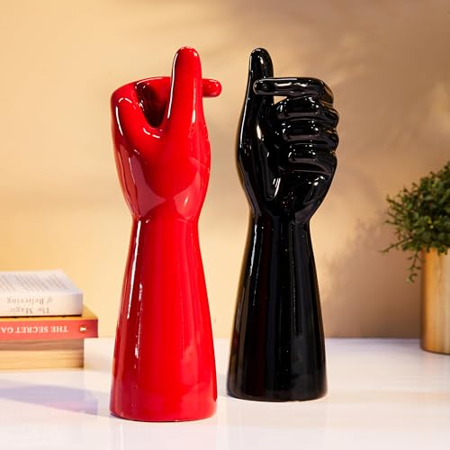 Amazon Basics Hand Shape Ceramic Vase Artificial Flowers Pot (Pack of 2, Black and Red)