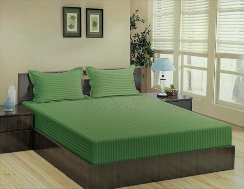 Glory Morgan 78"x72" inch King Satin Stripe Elastic Fitted Bedsheet | Bedroom Daily Use Fitted Bedspread with 2 Pillow Covers (6.5ft x 6ft Green)