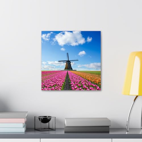 GADGETS WRAP Canvas Gallery Wrap Framed for Home Office Studio Living Room Decoration (10x10inch) - Tulip Flower Field & Wind Mill