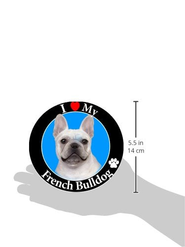 "I Love My French Bulldog" Car Magnet With Realistic Looking French Bulldog Photograph In The Center Covered In UV Gloss For Weather and Fading Protection Circle Shaped Magnet Measures 5.25 Inches Diameter