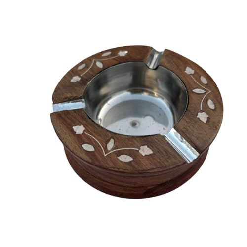 Handcrafted Wooden Ashtray with Metal Insert, Round Shape, Floral Inlay Design, Brown