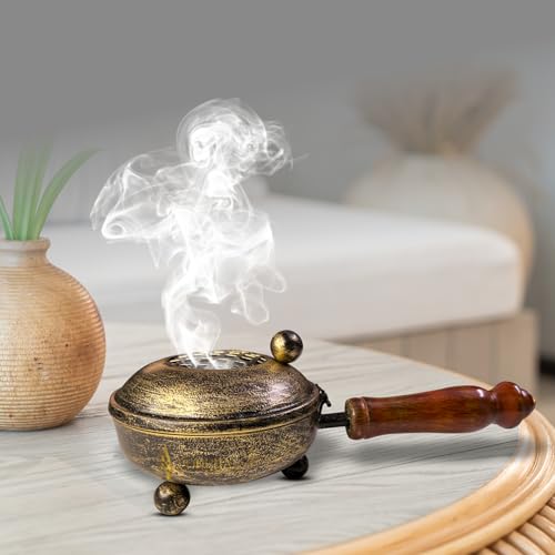 DOKCHAN Iron dhuni with Wooden Holder for Lohan dhoop dhuni, for Pooja, Temple, Home/use Diwali Special Pooja dhoop dhuni with Wooden Holder (Small)