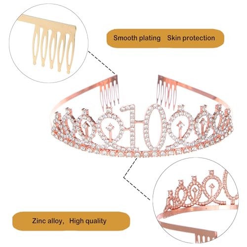 9PCS Rose Gold 10th Birthday Women's Decorations including 10th Birthday Cake Topper, Birthday Queen Sash with Pearl Pin, Sweet Rhinestone Crown, Number Candle and Balloon Set, Happy Birthday Banner