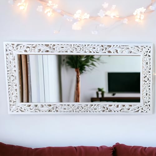 aesthetic decor (6x3 Wooden Carved Wall Mirror Frame Solid Wood, | with Out Mirror | Crown Pattern (White Distress)