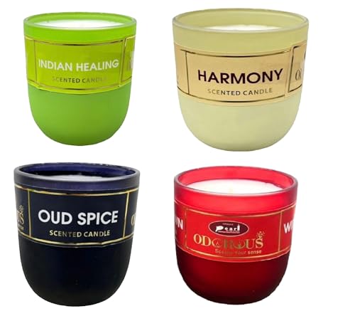 The Decor Affair Pack of 4 Handcrafted Glass Tealight Candle Combo Pack - Infusing Harmony, Indian Healing, Odorous, and Oud Spice Fragrances for a Serene Atmosphere