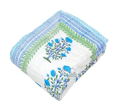 PINAARAS INTERIOR Hand Block Floral Prints Cotton Quilts/Razai/Rajai - FIROZI (Floral, Single Bed)