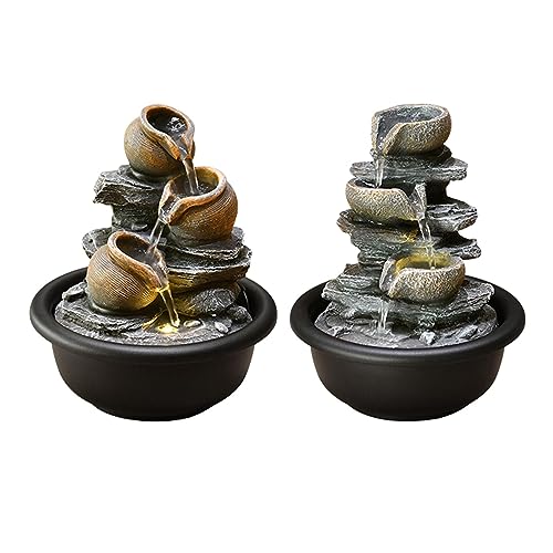 SAZ DEKOR Indoor Waterfall Fountains Meditation Relaxing Office Decor Desktop Fountain Round Pot