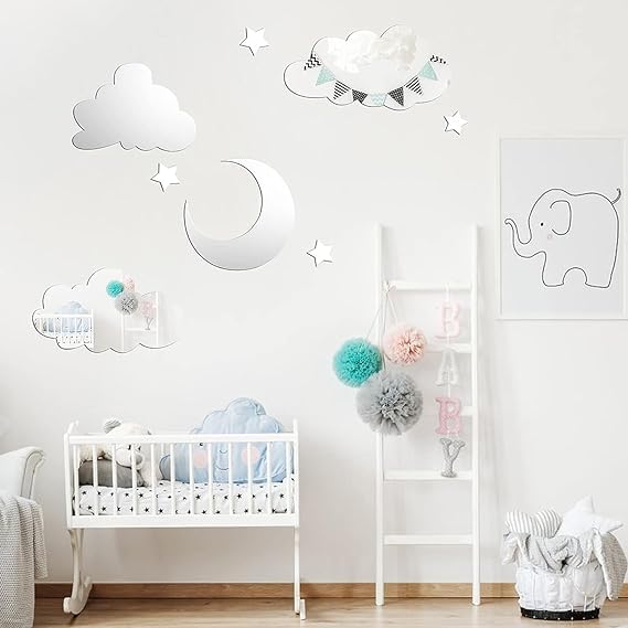 TrifleArte 3D Acrylic Cloud Moon Stars Mirror Stickers | Decorative Silver Mirror Wall Art | Adhesive Art Decal/DIY Projects/Party Supplies | Silver