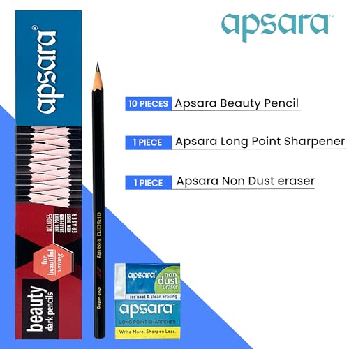 Apsara Beauty Pencils, Hexagonal Body for Strong Grip, Classic Black Design for Premium Look, Good Handwriting, Free Sharpener & Eraser, Non-toxic (Pack of 10 Pencils)