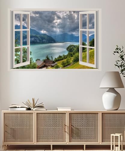 JVERF - JZZA23919 Lake Mountains Houses Switzerland Lake Walensee| Self-Adhesive Open Window Wall Sticker