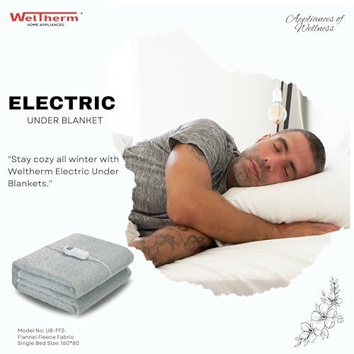 WelTherm Flannel Fleece Electric Bed Warmer | Electric Under Blanket | Single Bed |Stamp welding(160cms x 80cms) | 9 Heat Settings | 10 Hour Timer| Digital LED Controller| Multizone Heat Modes| UB-FFS