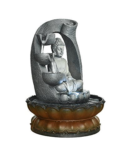 Sitting Buddha Fountain 11", LED Indoor Table Waterfall Fountain Fengshui Meditation Relaxing Decor for Home Office Gray