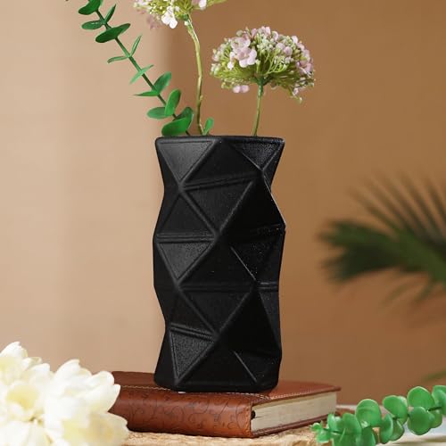 TIED RIBBONS Geometric Ceramic Flower Vase (Black, 20 cm x 8 cm) for Home Decor Flowers Plants Living Room Dining Table Office Decoration Items