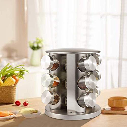 Matiko Spice Jar Rack Revolving Rotating Tiered Shelf Countertop, Spice Organizer, Seasoning Set, Spice Carousel Stainless Steel Stand Storage Holder With 12 Pcs Glass