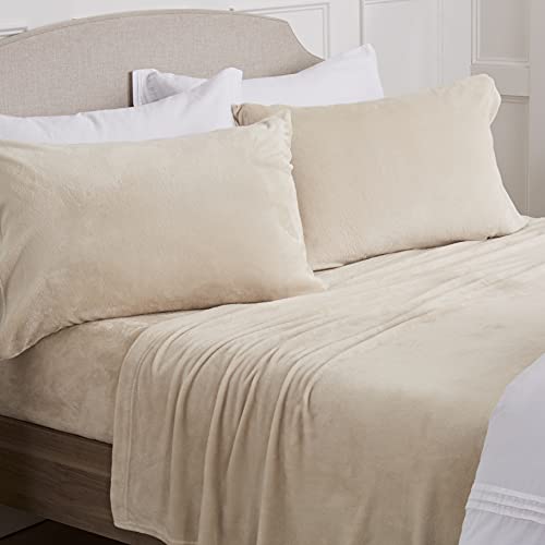 Velvet Plush Sheet and Pillowcase Set with Extra Deep Pockets | Extra Soft Micro Fleece Sheet Set | Ultra Plush and Cozy Warmth | Velvety Soft Heavyweight | Tribeca Collection (King, Beige)