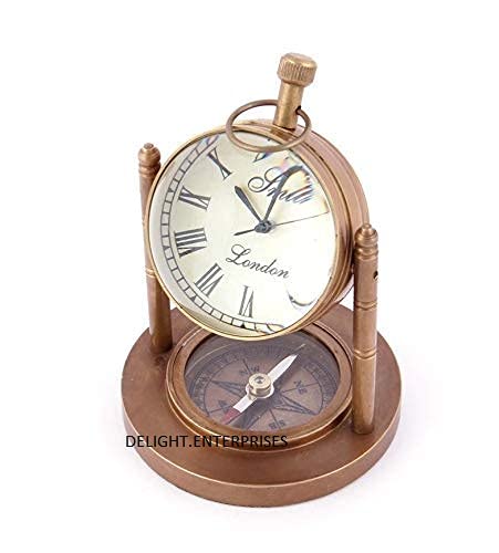 Delight Enterprises Brass Table Clock with Compass Antique Table Clock