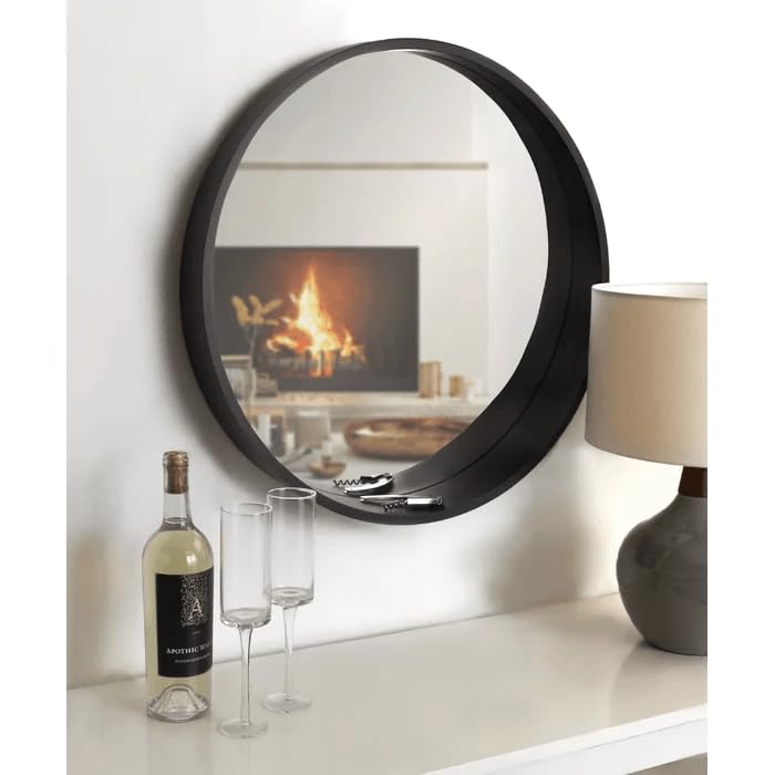 ARTESSA Modern Utility Design Round Mirror for Living Room/Lobby with Wooden Frame (90 x 90 CM)