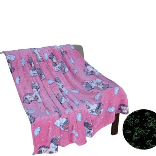 BLiSS HUES™ Glow in The Dark Blanket Dreamy Unicorn 200 x 152cm/ 80 x 60 inch Gifts for Toddler- Kids-Teen Girls Bedroom Decor |Travel Lightweight Luminous Throw Blanket - Pink