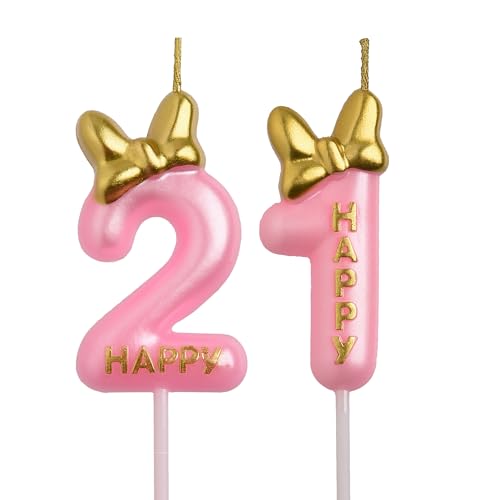 AOOLADA 21st Birthday Candles, Pink 21 Year Old Number Birthday Candles, Happy Birthday Party Decorations Cake Topper Gifts for Men Women