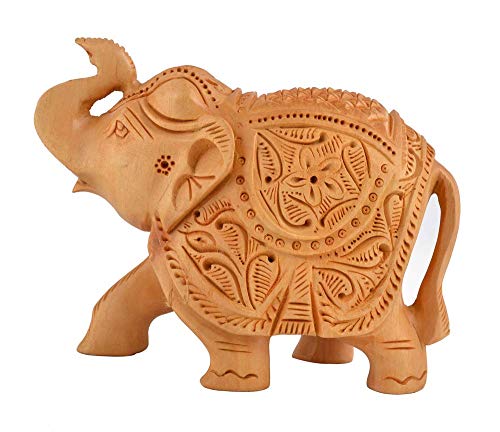 Apnoghar Wooden Elephant Carving Trunk Up (Brown, 10 Cm)