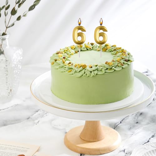 AOOLADA 66th Birthday Candles, Gold 66 Year Old Number Birthday Candles, Happy Birthday Party Decorations Cake Topper Gifts for Men Women