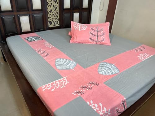 Agarwal Collection Glace Cotton King Size Double Bed Flat Bedsheet with 2 Pillow Covers (Non- Fitted Bedsheet) (Attractive Grey with Pink)