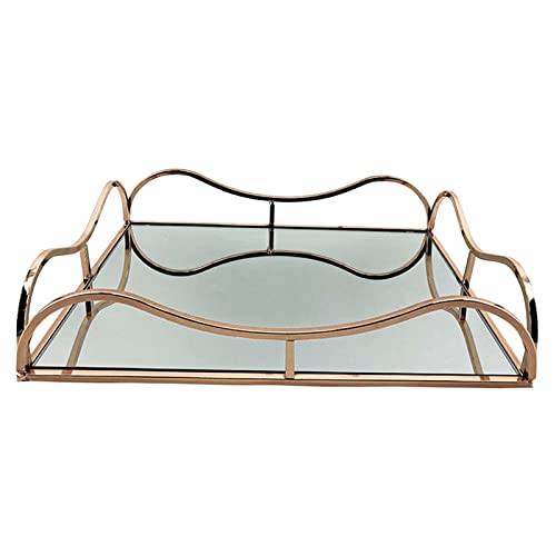 CALANDIS Gold Metal Rectangle Shape Serving/Dressing Table Tray with Mirror Glass