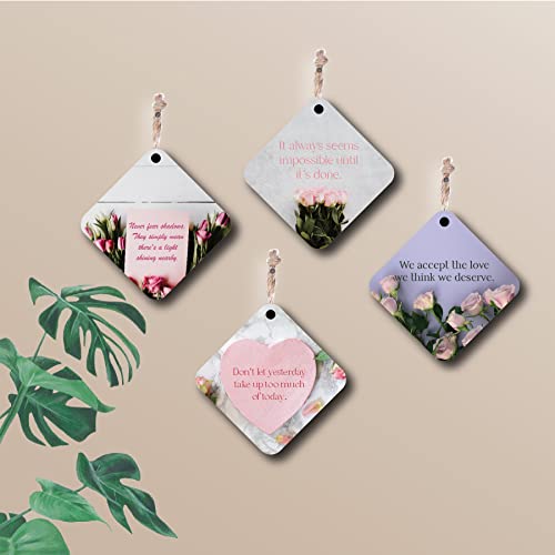 woopme® 4 PCs Happy Quotes Printed Wall Hanging For Home Office Restaurant Hall Wall Decor (8 x 8 Inch.)