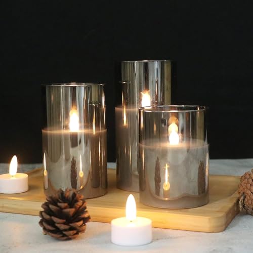 AQUIDAN Set of 3 Clear Grey Glass Flameless Candles with Remote and Timer, Real Wax Tamped Battery Operated LED Pillar Candles with Flickering 3D Flame Color Transparent : Grey