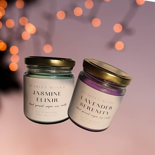 Scarlet Blinks Jasmine Elixir and Lavender Serenity | Soy Wax Candles | Aroma Therapy Candles | Burning Time :-45 HRS Pack of 2