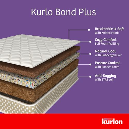 Kurl-On Mattress | Kurlo Bond Plus | Orthopedic 6-Inch Queen Size Bed Mattress (72x60x6 Inches, Medium Soft), Natural Coir + Bonded Foam, Soft Foam for Comfort.