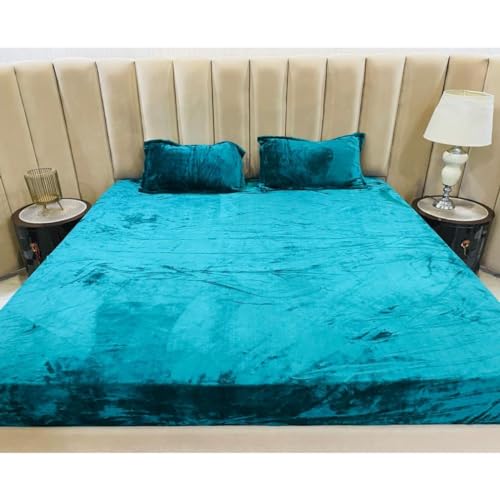 DANVIRA Velvet Warm Winter Solid Flannel Elastic Fitted Bedsheets for Double Bed King Size 90x100 inches with 2 Pillow Covers | Double Bed Warm Bedsheet with Elastic - Fitted (Sea Green)