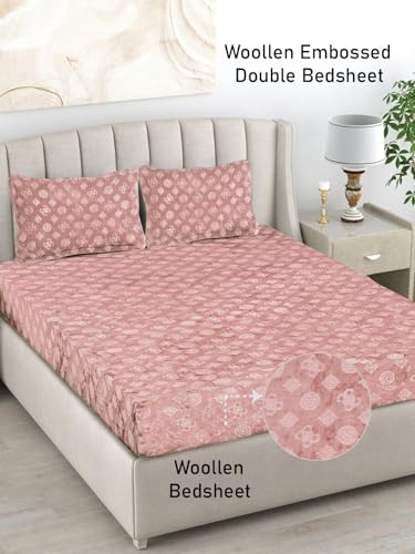 FABINALIV Peach Geometric 300 TC Woollen Embossed King Size Double Bedsheet with 2 Pillow Covers (FLWBS-1038-Peach)