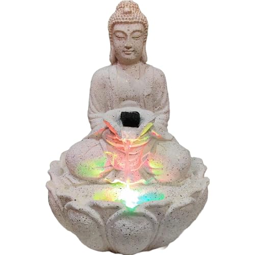 AYUZ Collections Presents Lotus Buddha Water Fountain Tranquil Water Feature with Led Lights,Tabletop Water Fountain for Home, Office, Living Room Decor (White) 14 Inches