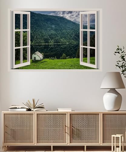 JVERF - JZZA25843 Norway Mountains Rivers Houses Forests Flisram| Self-Adhesive Open Window Wall Sticker