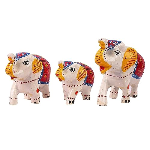 Shree Shyam Art Handcrafted Paper Mache Elephant Showpiece, Standard, White 3 Piece