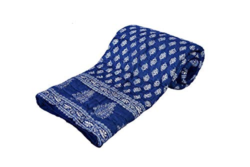 J SHREE Silver Gold Print Cotton Blue Jaipuri Single Bed Quilt Razai Dohar AC-Blanket,(55X85 Inches)