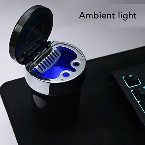 Mini Car Ashtray, Easy to Clean LED Light Clock Stainless Steel Inside Car Ashtray for Outdoor (Black Silver)