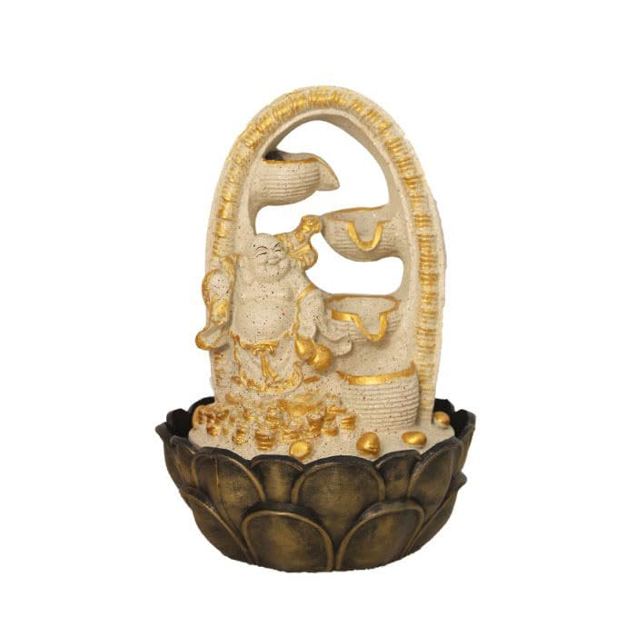 Art N Hub Laughing Buddha Home Decorative Water Fountain Best Home and Office Inauguration Gift Items | Built (27 x 27 x 40 CM | Dotted Cream Golden)