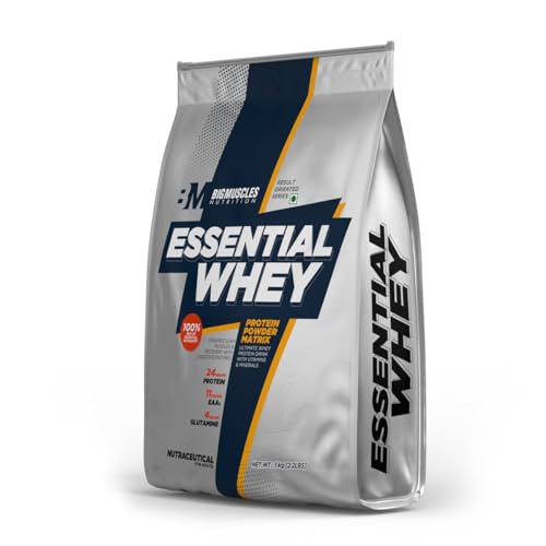 Bigmuscles Nutrition Essential Whey Protein 1Kg [Dutch Chocolate] | 24g Protein/serving with Digestive Enzymes,Vitamin & Minerals, No Added Sugar|Improved Strength , Faster Recovery & Muscle Building