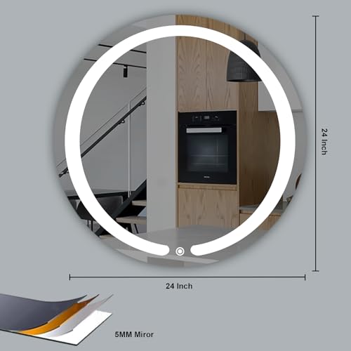 Sunsyze Bathroom Led Mirror | Backlit Bathroom Mirror with Imported Touch Sensor + Dimmer + White Light +Natural Light + Warm Light | 24x24 (Unframed, Round, Wall)