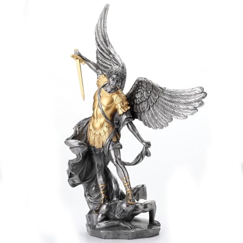 Veronese Design 14 5/8 Inch Saint Michael Tramples Demon Resin Sculpture Cold Cast Pewter Finish Statue