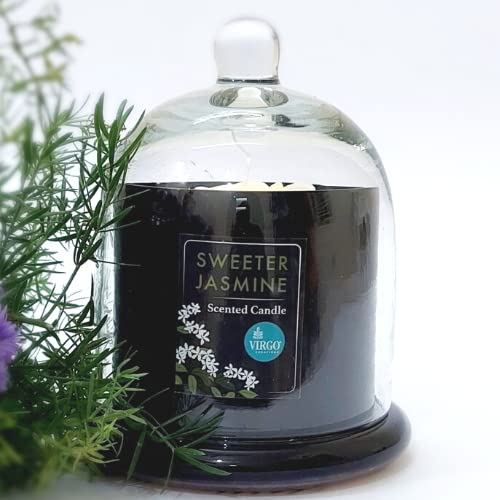 Virgo Creations Sweeter Jasmine Bell Jar Candle, Paraffin Wax Sweeter Jasmine Fragrance, Black Glass Jar Candle with Dome, Relaxation Home Décor, Size 11x11x15 cm, Pack of 1