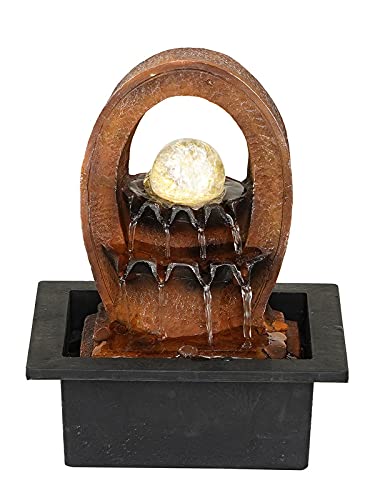 CRAFT SMITH Polyresin Brown Designer Oval Table Top Indoor 2 Steps Waterfall Fountain with Yellow LED Lights, Water Flow Controller Pump and Crystal Ball (Size: 25 x 21 x 18.5CM | Weight: 1180grm)